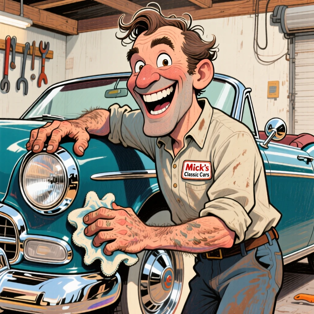 A vintage car restorer polishing chrome on a classic convertible, rag in hand.