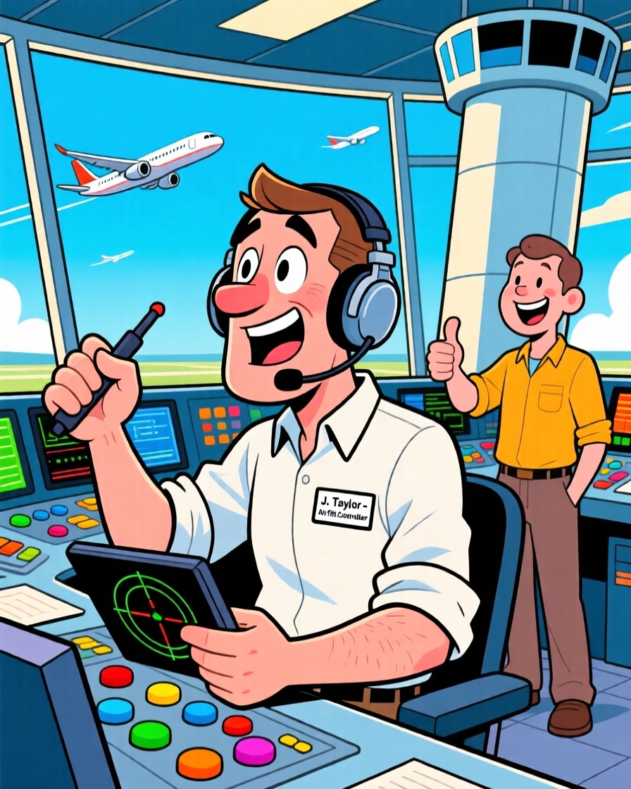 A vibrant profession-themed portrait of a busy air traffic controller mid-task with sleeves rolled up and tools in hand, with a satisfied customer nearby.