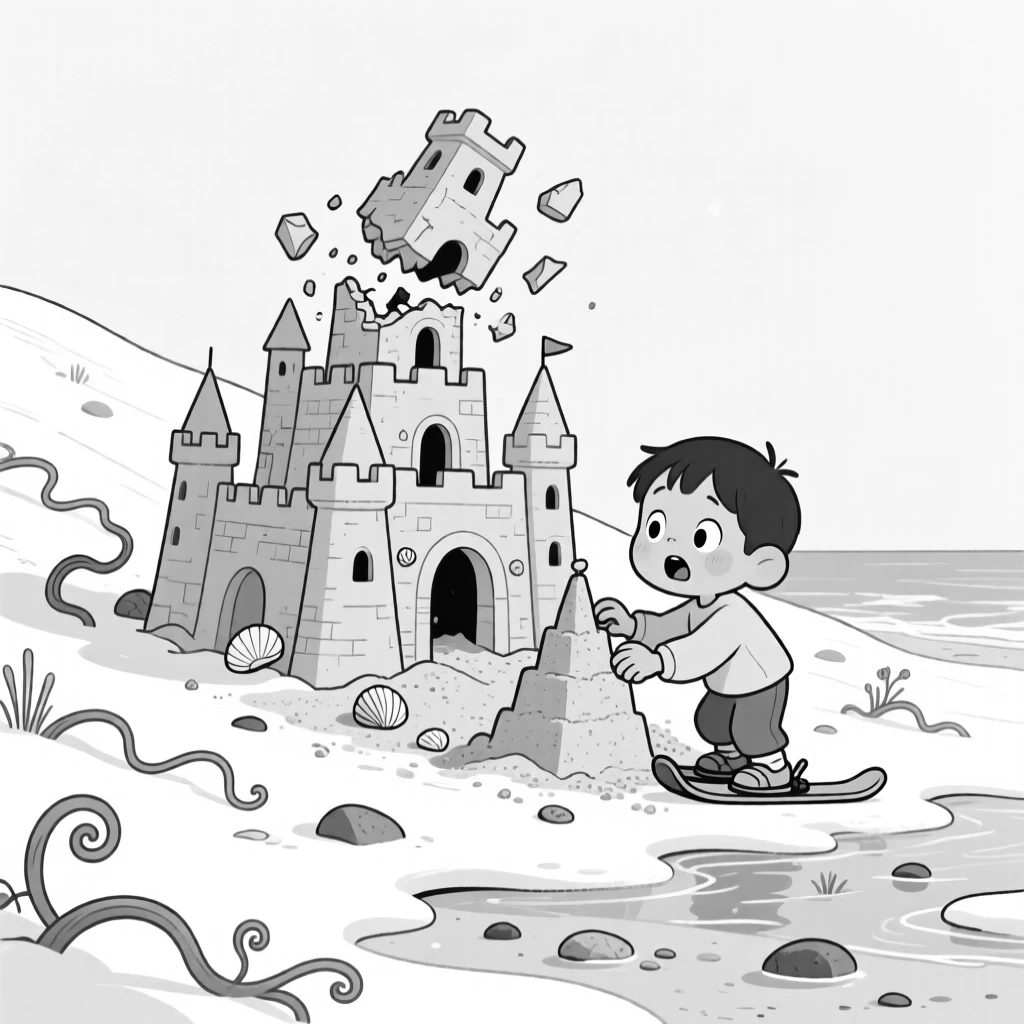 A child building an elaborate sandcastle at low tide, watching helplessly as the stack tips over, set on a gentle, snow-dusted ski slope. Vines with curling tendrils spread across the ground. The scene celebrates nature's simple, joyful surprises.
