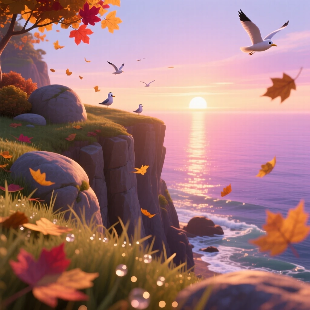 A rugged coastal cliff glows as the first light of dawn spills over the horizon, with fallen leaves drifting slowly on the breeze. A calming stillness settles over the landscape.
