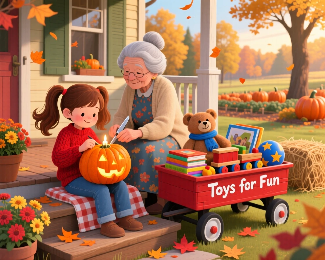 With her grandmother close by, a girl with a wagon full of toys is carving a jack-o'-lantern on the porch, as autumn leaves swirl around them.