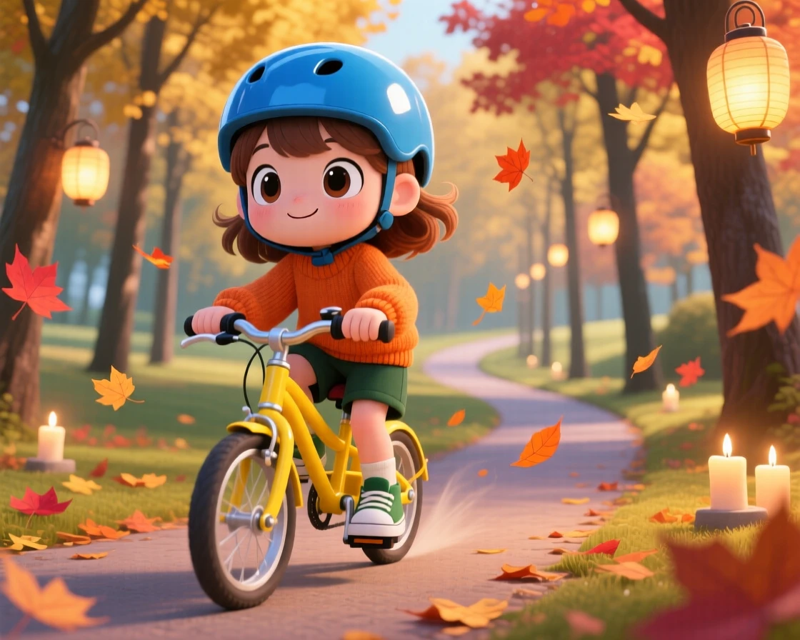 A young girl in a helmet pedaling a bike through a park trail, framed as a low-angle shot looking up within a tree-lined bike path, with autumn leaves swirling around, glowing under gentle candlelight, evoking proud determination.