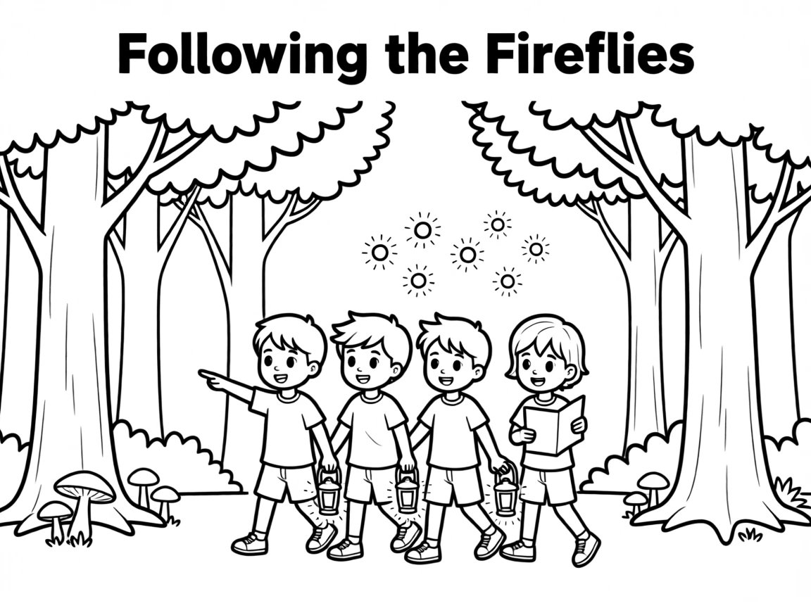 A team of kids following glowing fireflies through a dark forest