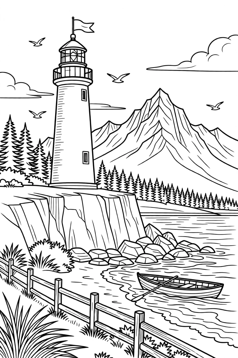 A lighthouse on the rugged coast of Maine, with mountains rising dramatically in the background.