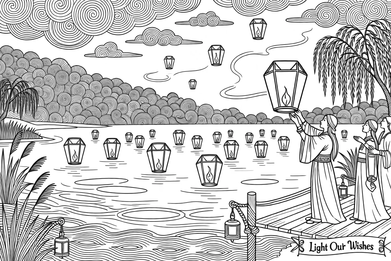 A floating lantern release ceremony across a calm lake at dusk.