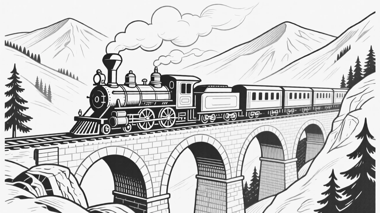 A vintage train crossing a scenic mountain viaduct