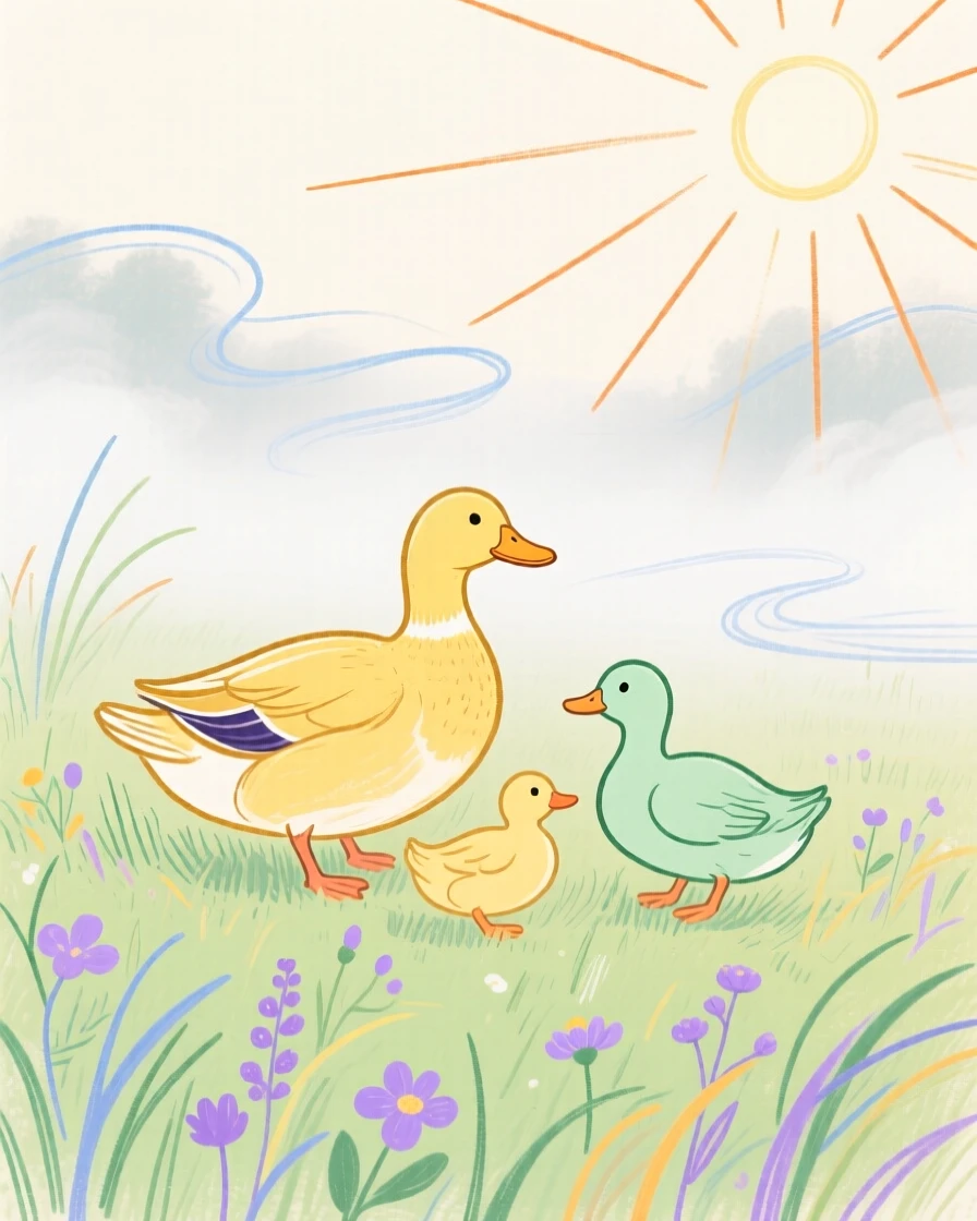 A family of ducks playing in a sunlit meadow as fog rolls in.