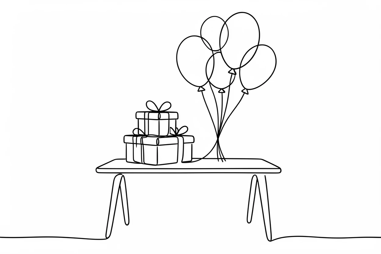 A birthday party table set with balloons and a stack of gifts