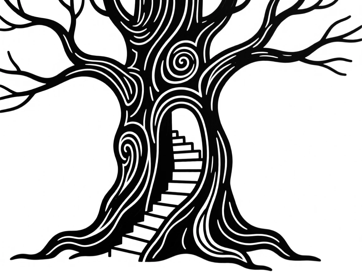 A giant tree with a spiral staircase carved into its massive trunk.
