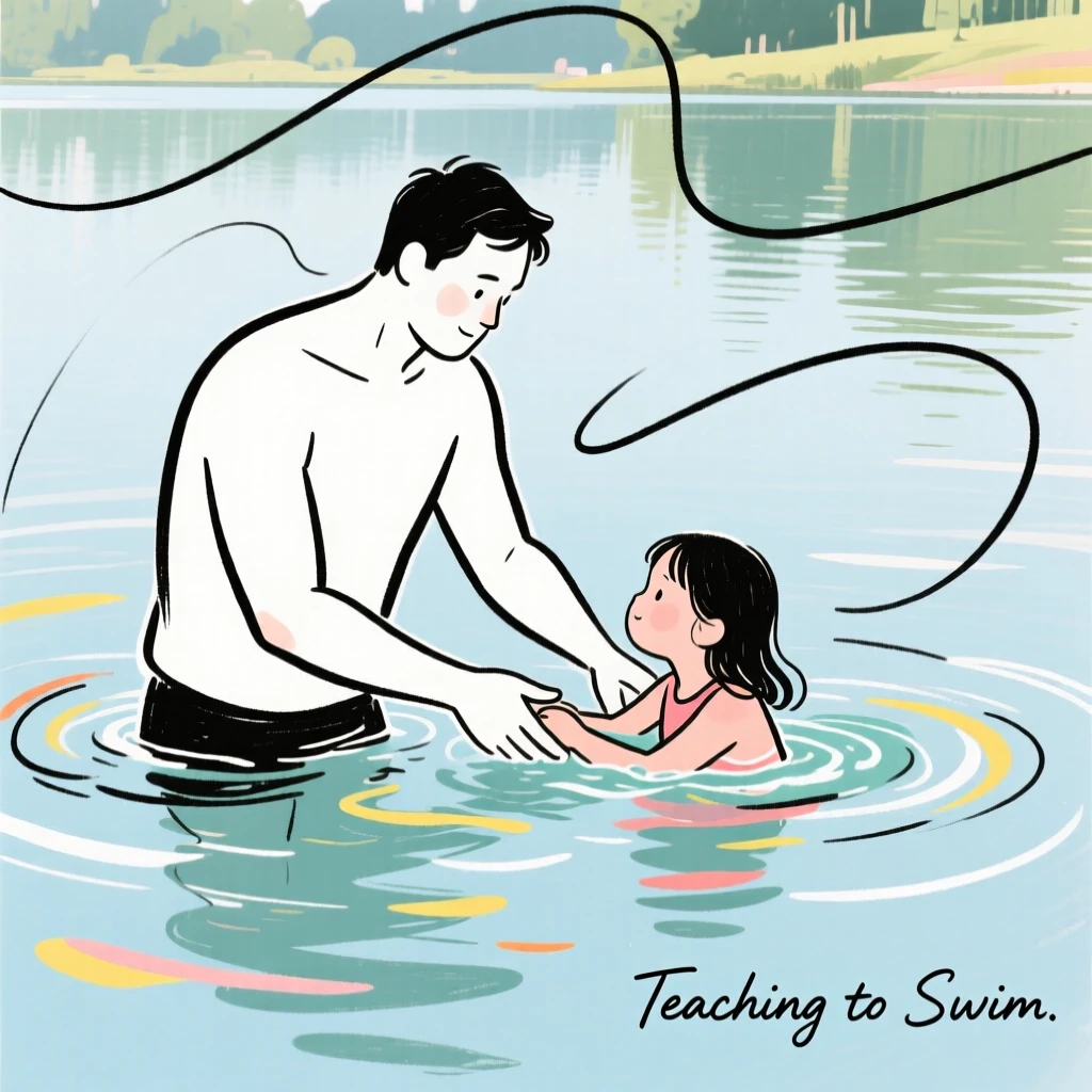 A father teaching his daughter to swim in a calm lake.