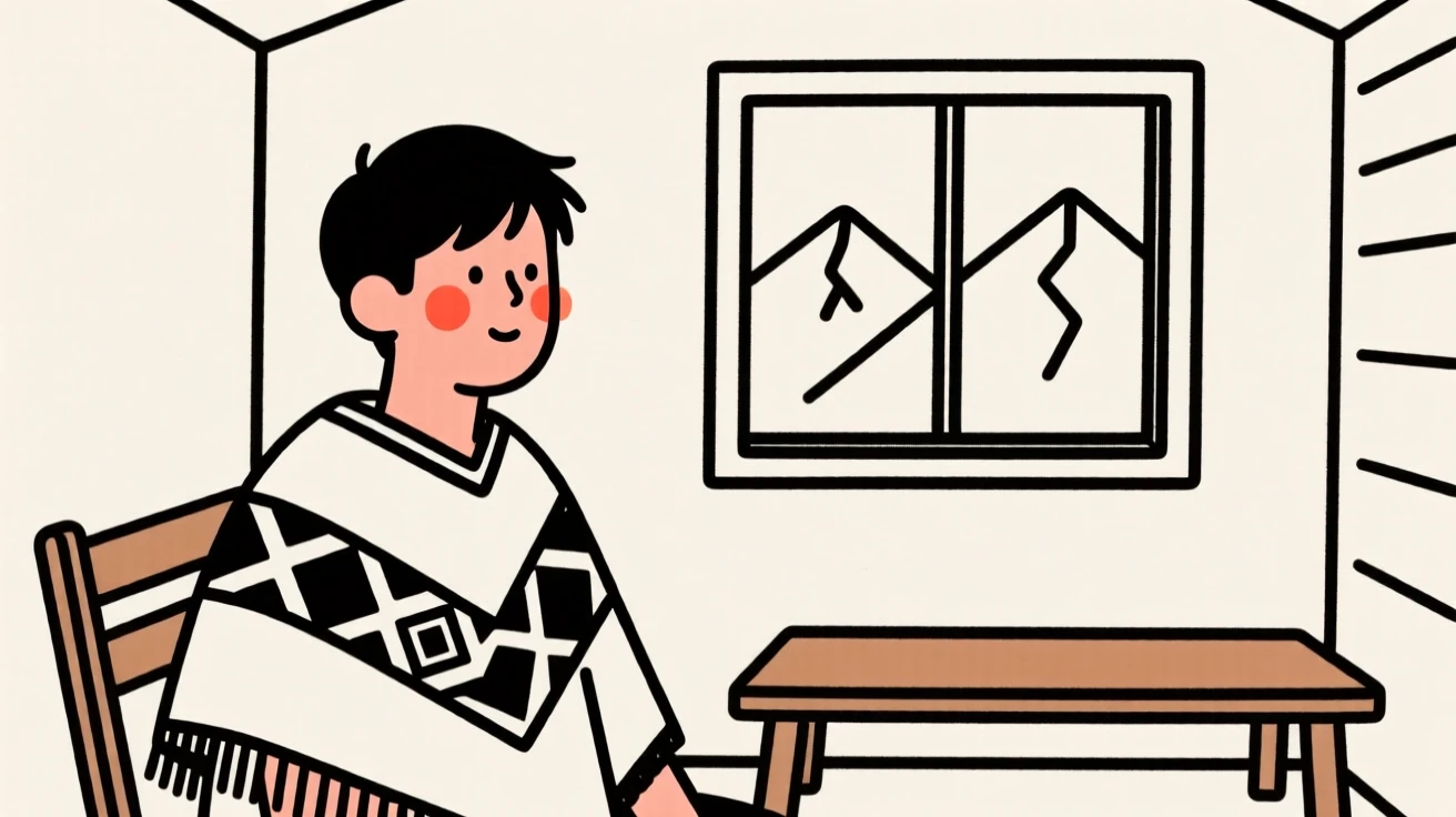 A young man wearing a Peruvian woven poncho, in a mountain cabin.