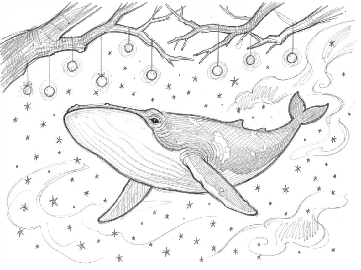 A giant whale swimming through a sea of stars, beneath branches strung with fireflies, with mist curling like living smoke.