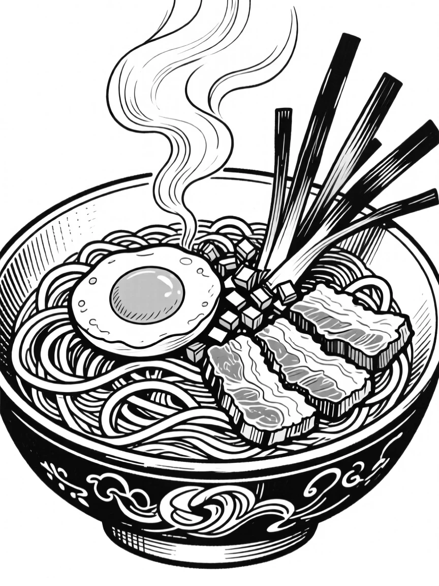 A steaming bowl of ramen topped with soft-boiled egg, scallions, and sliced pork.