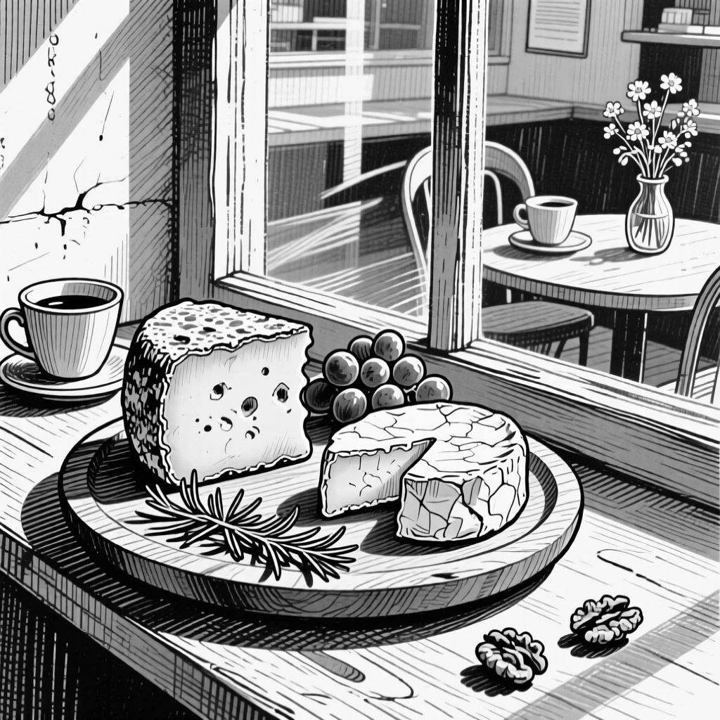 A platter of artisan cheeses set in a sunlit cafe window, with sunlight catching the glossy surface, presented in a cozy and satisfying culinary still life.