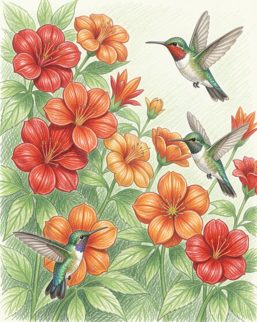 A hummingbird garden bursting with red and orange blossoms, with delicate details that reward a closer look, radiating comfort, joy, and quiet beauty.