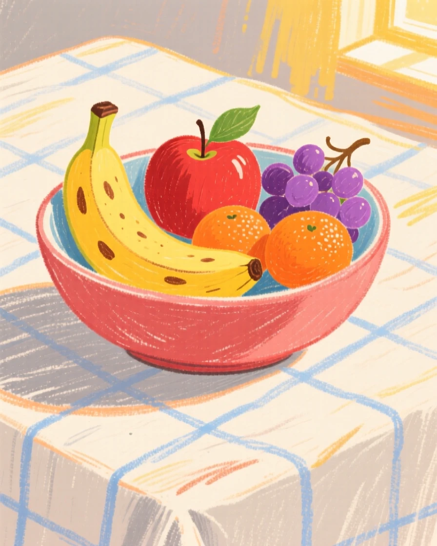 A bowl of fresh fruit set on a linen tablecloth in the afternoon light.