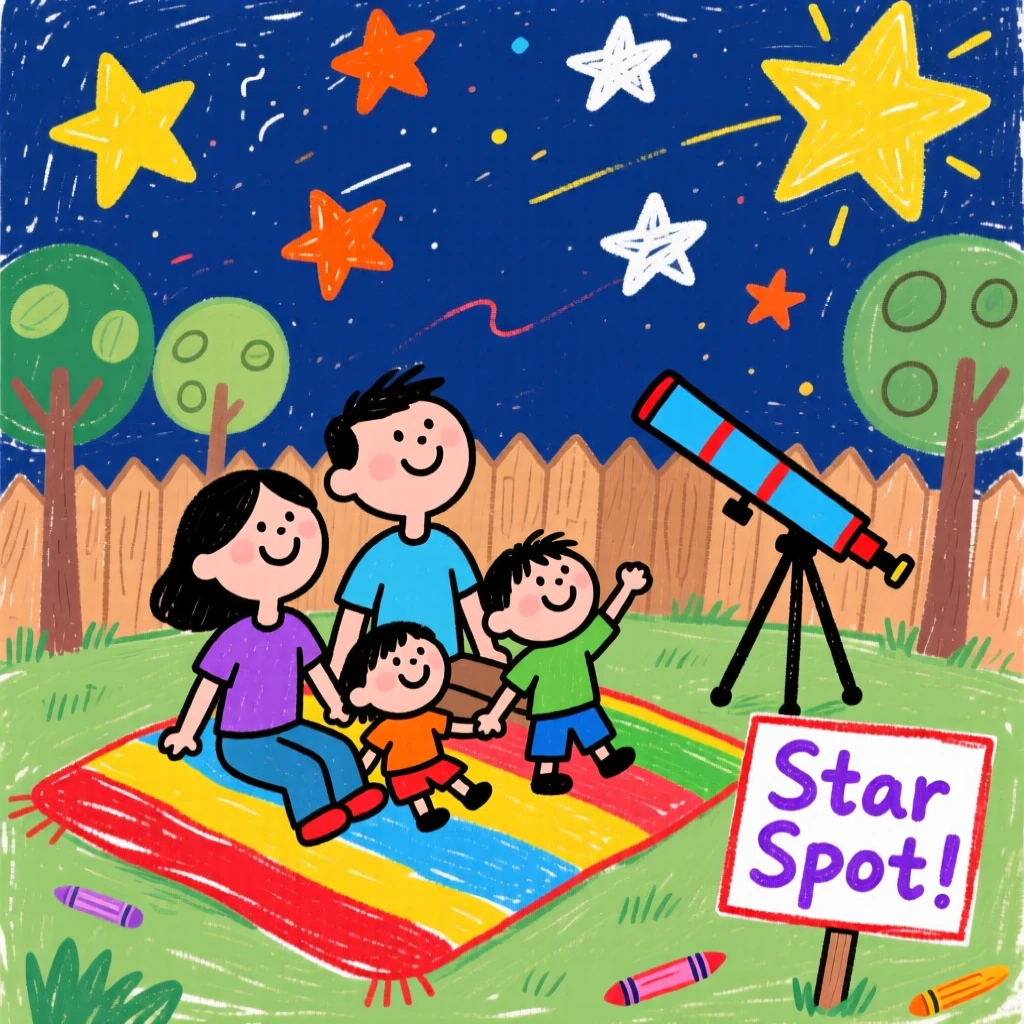 A family stargazing from a blanket in the backyard.