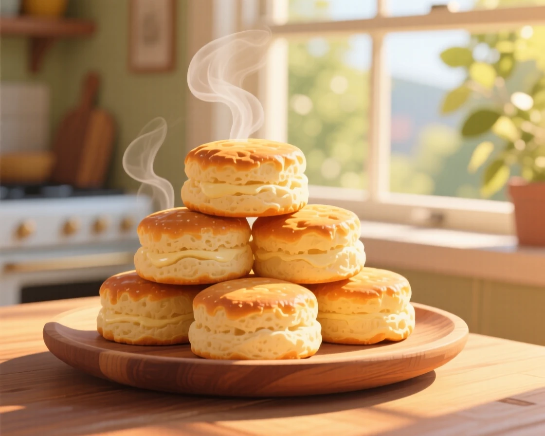 A stack of buttermilk biscuits fresh out of the oven, placed near a window with warm afternoon light, composed with steam rising for a warm, inviting feel, with a joyful, celebratory feel.