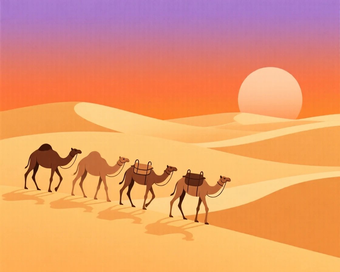 A camel caravan crossing golden sand dunes at sunset.