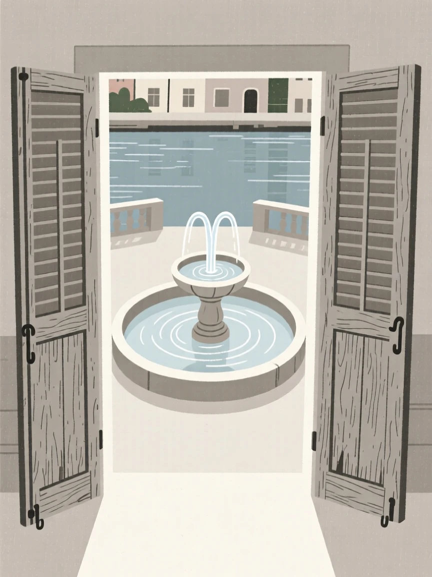 A view looking up at a courtyard fountain from a riverside district, with weathered wooden shutters in frame, evoking quiet elegance.