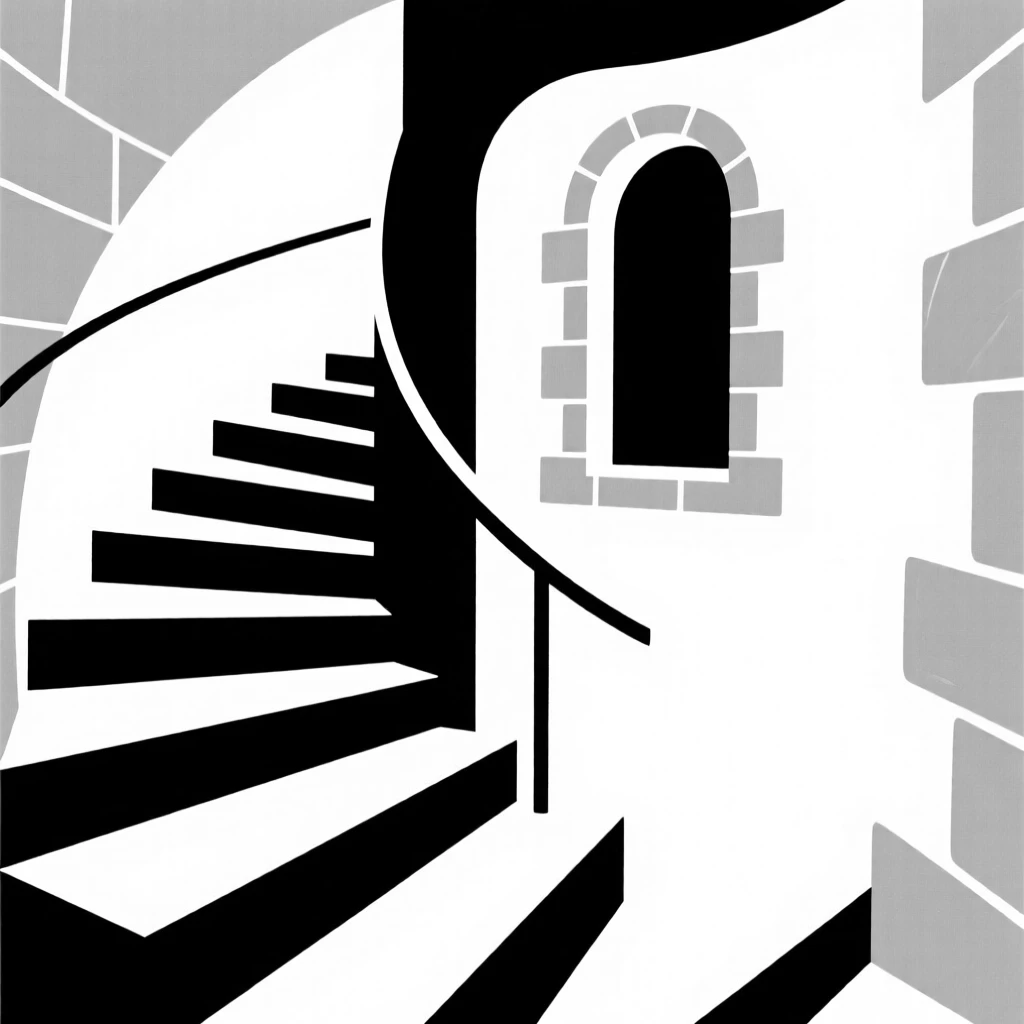 A spiral staircase inside an old tower.