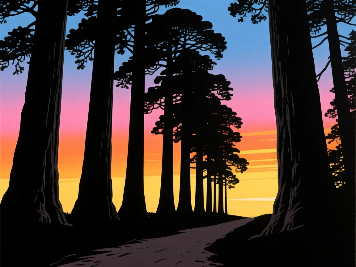 A row of ancient sequoia trees towering over a quiet forest trail.