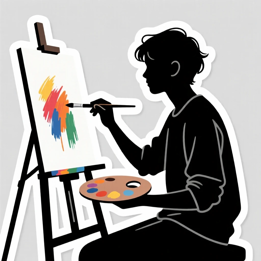 An intensely focused young artist painting on an easel, taking a short pause to admire their progress, on a quiet weekend afternoon.