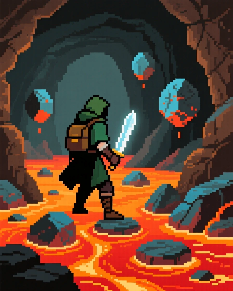 A lone adventurer crossing a lava-filled cavern on floating rocks, within a sprawling underground dungeon.