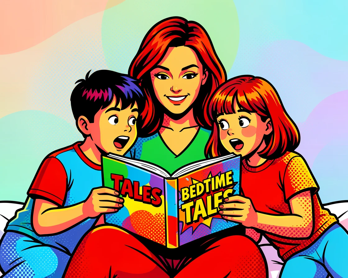 A mother reading a bedtime story to her children