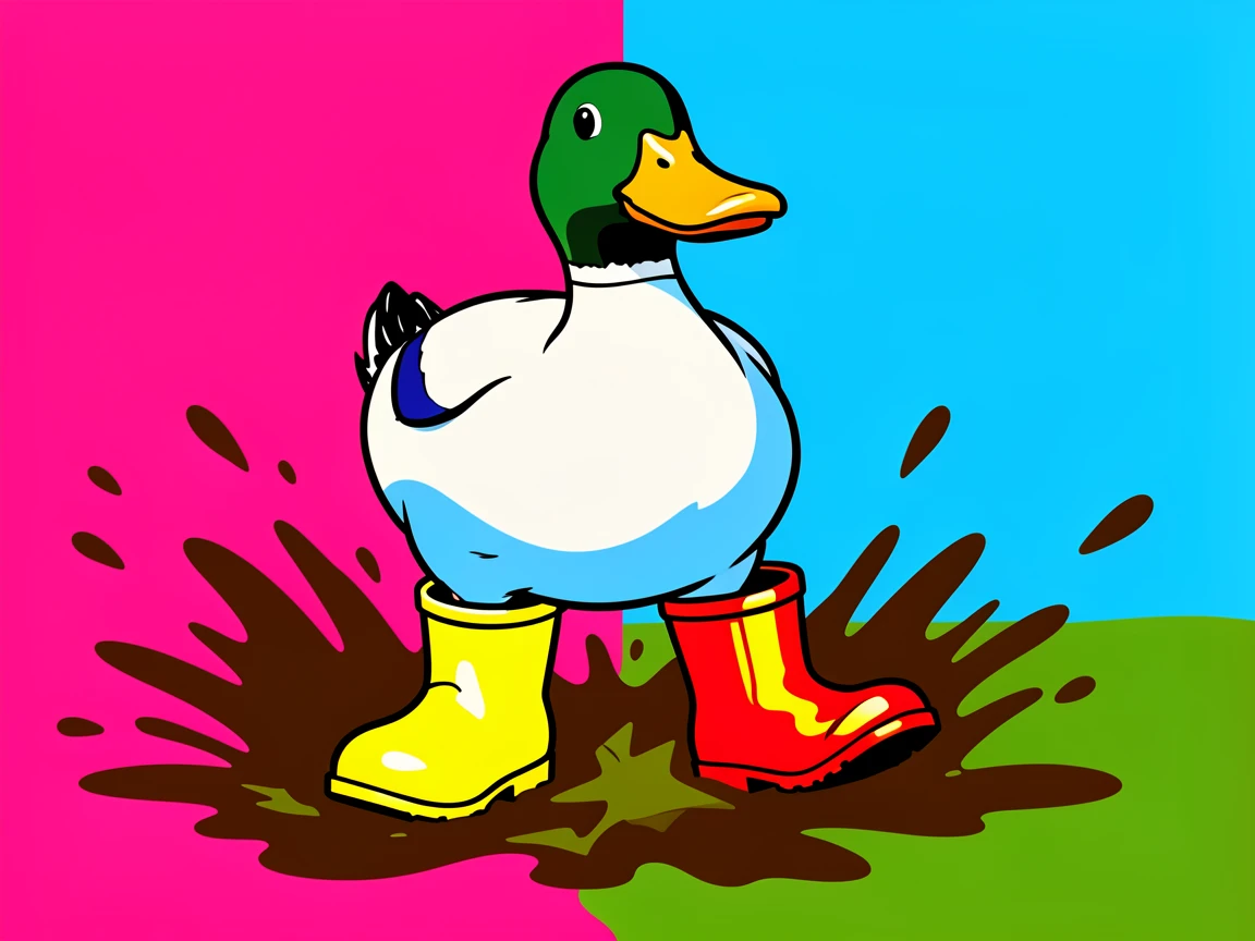 Duck wearing rubber boots splashing through mud