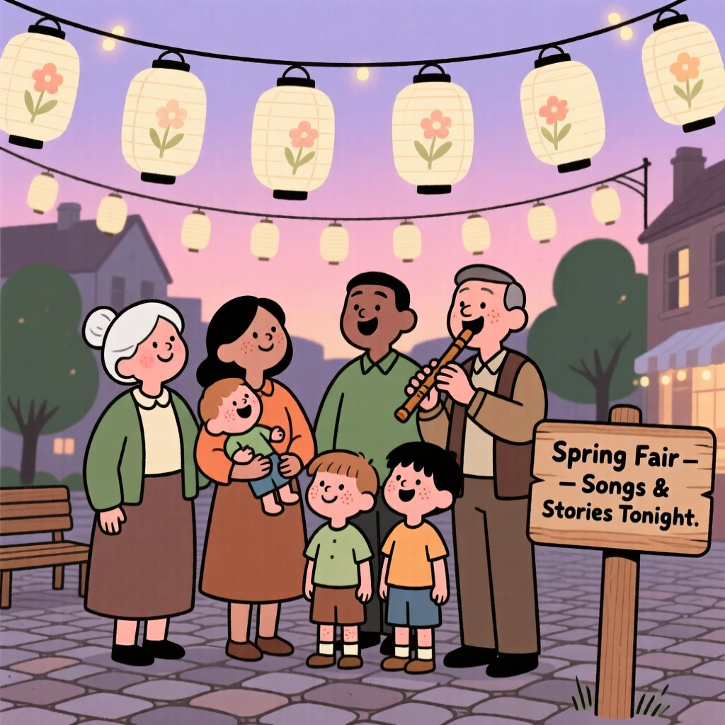 A community gathers in the town square for a spring fair, singing old songs beneath strings of paper lanterns as evening falls.