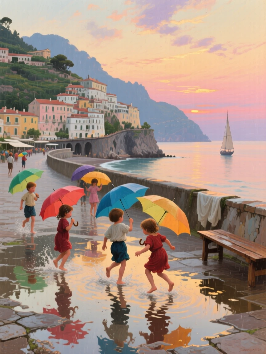 A panoramic view of children splashing in puddles beneath colorful umbrellas, along the Amalfi coast, in the last light of sunset.