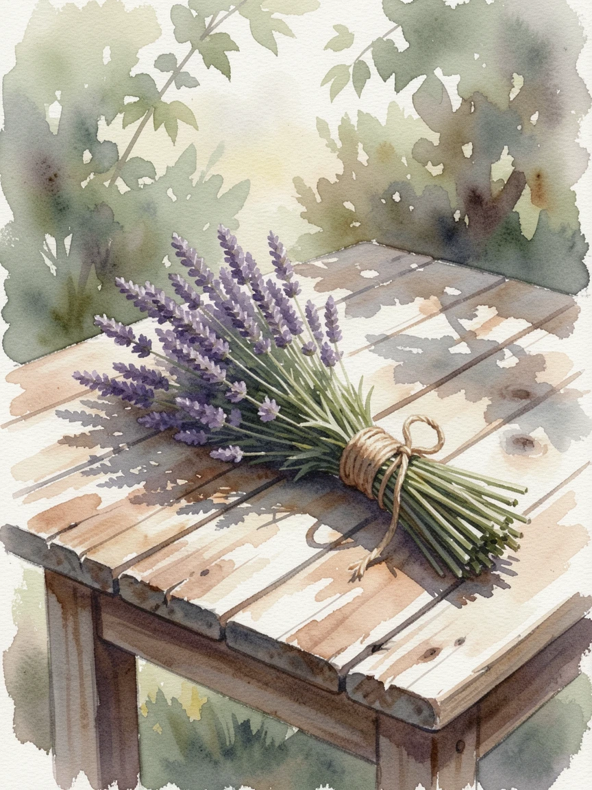 A garden path lined with lavender bushes on a rustic wooden table tied with a length of twine.