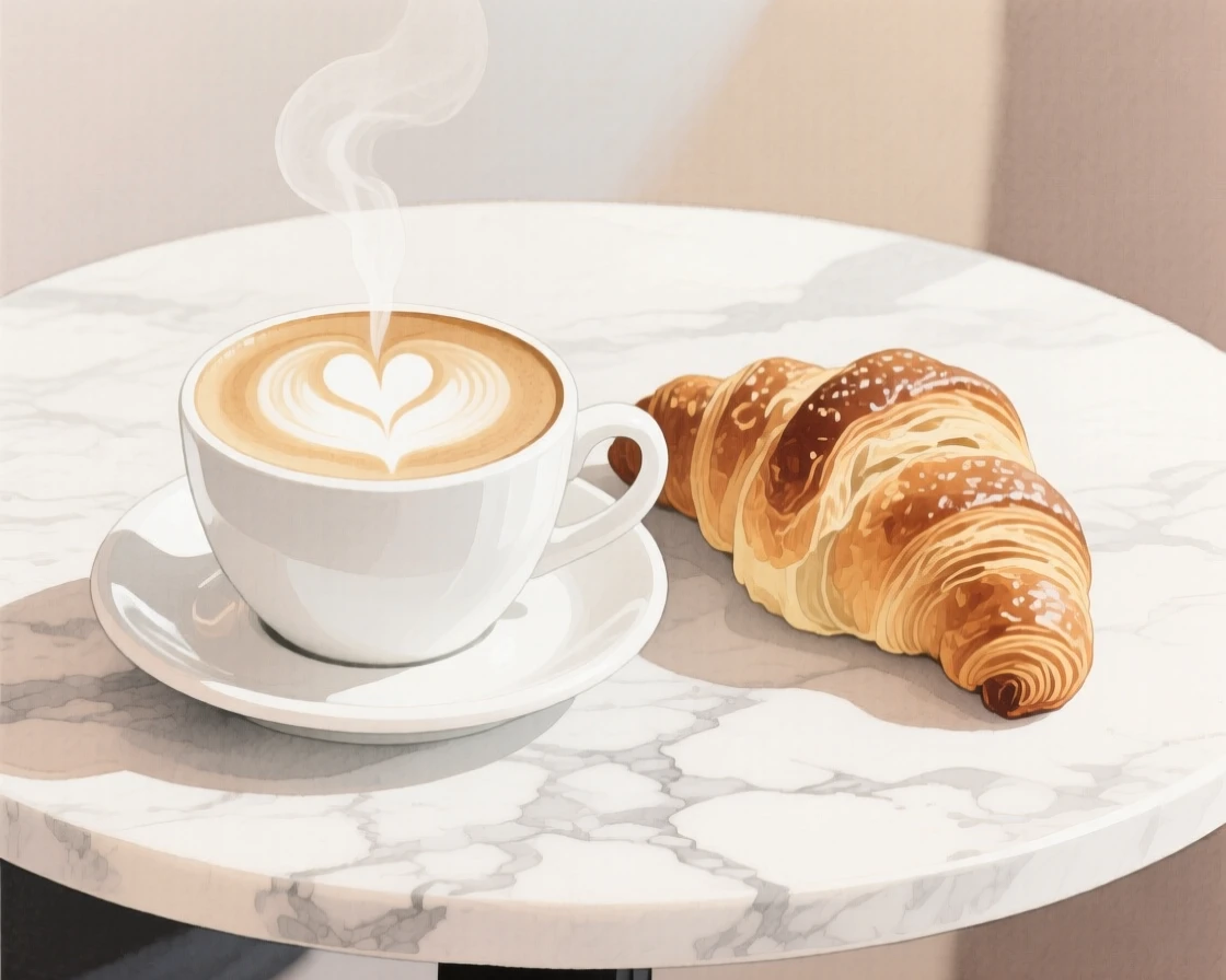 A steaming cup of cappuccino with delicate latte art sits beside a flaky croissant on a marble café table