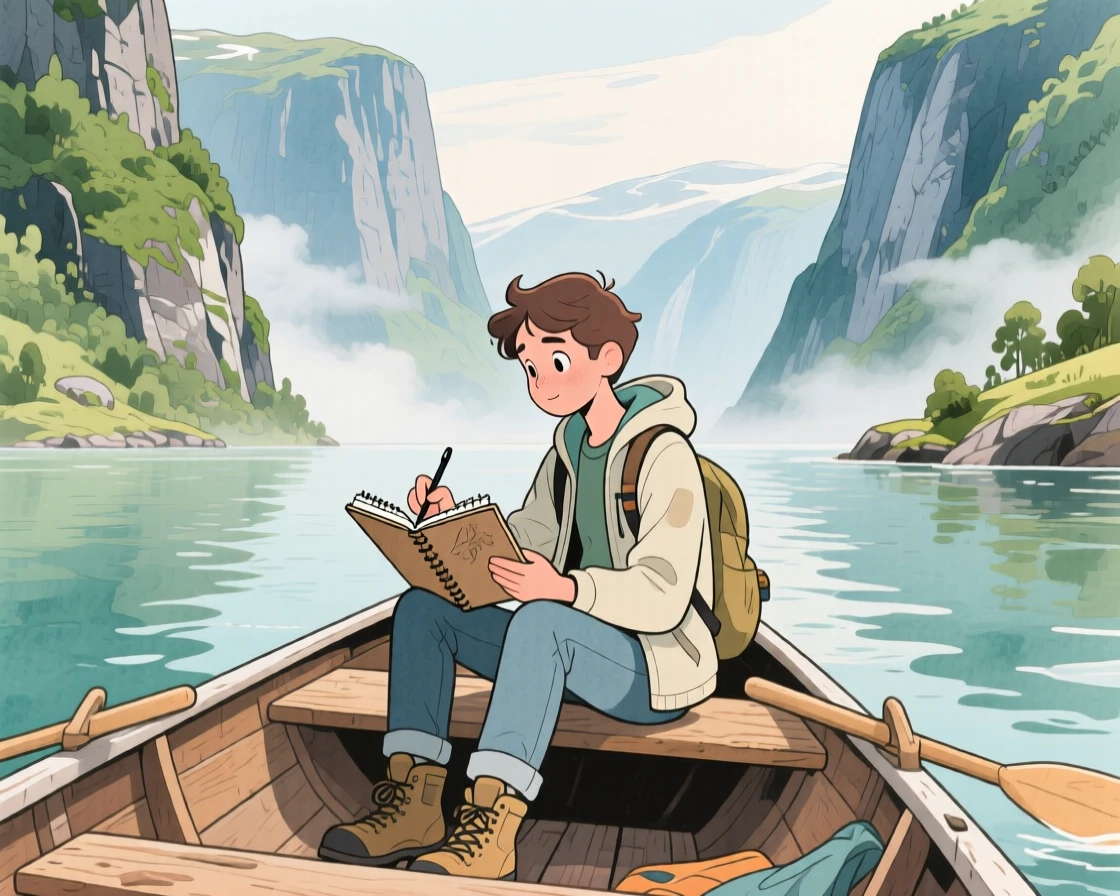 A solo traveler sits sketching in a small notebook amid the dramatic fjords of Norway seen from a small wooden boat, capturing the wonder of discovering a new place.