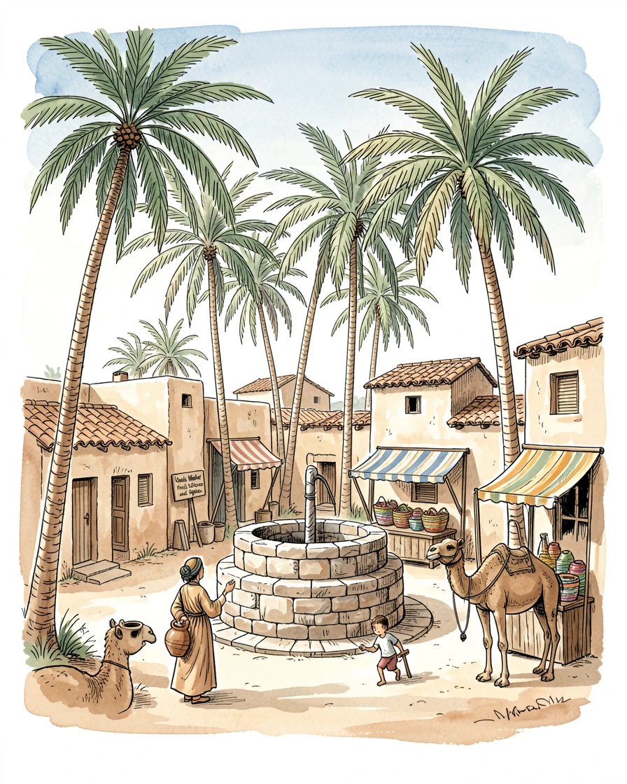 A desert oasis town with palm trees clustered around a central well, small details of daily life scattered throughout the setting.