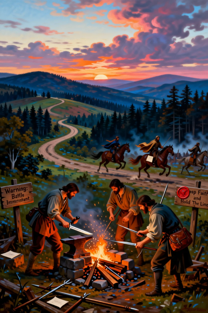 A group of pilgrims forges weapons ahead of a great battle at dawn as messengers race to spread the news.
