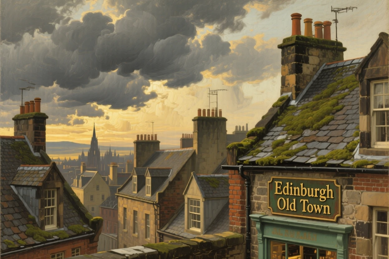 The historic rooftops of Edinburgh beneath a dramatic stormy sky, as soft golden hour light bathes every surface and structure, capturing the timeless beauty and character of a legendary destination