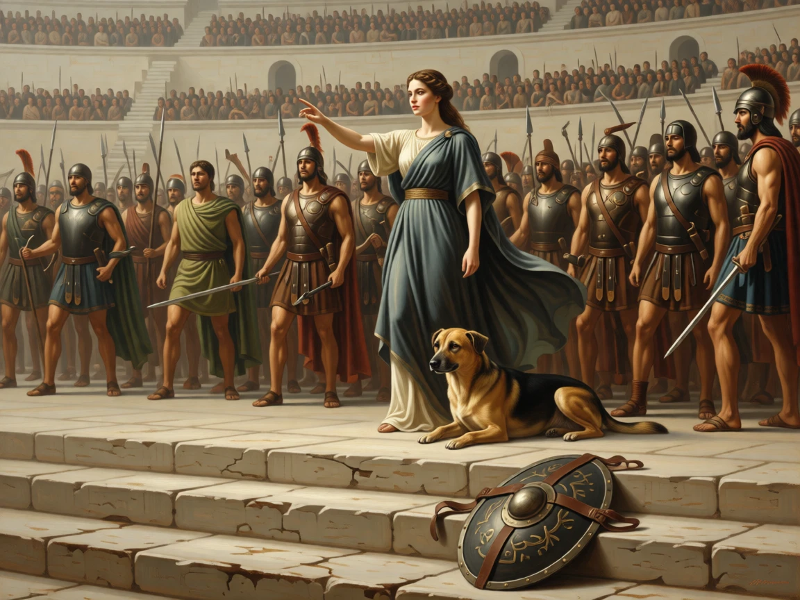 The Amazon queen Hippolyta leading her warriors into battle with every eye fixed on the unfolding drama, set on the steps of a grand amphitheater filled with spectators, with a faithful hound and a fallen shield resting nearby; sweeping drapery and gesture guide the eye across the whole scene, filled with reverence for legend made flesh.