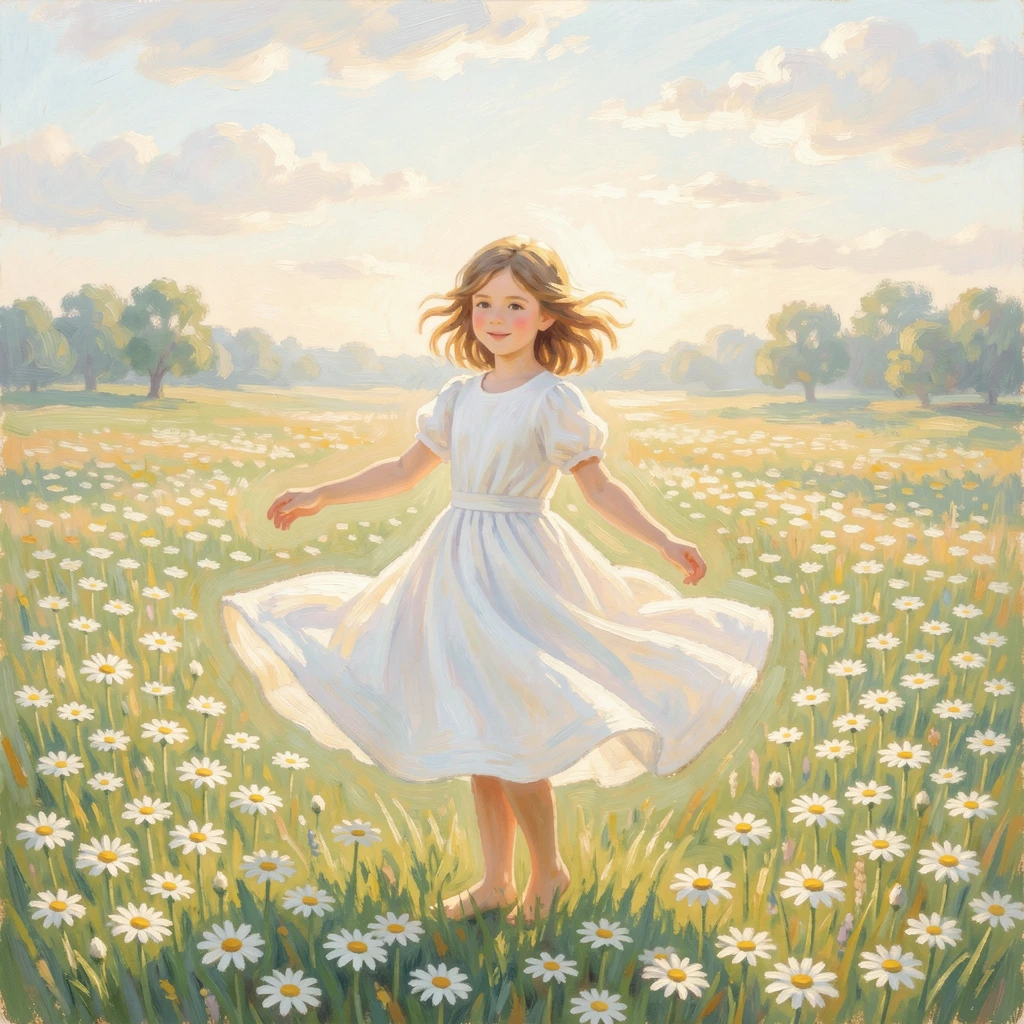 A young girl twirling in a field of daisies, her white dress billowing in the summer breeze, inspiring awe at the beauty of the scene.