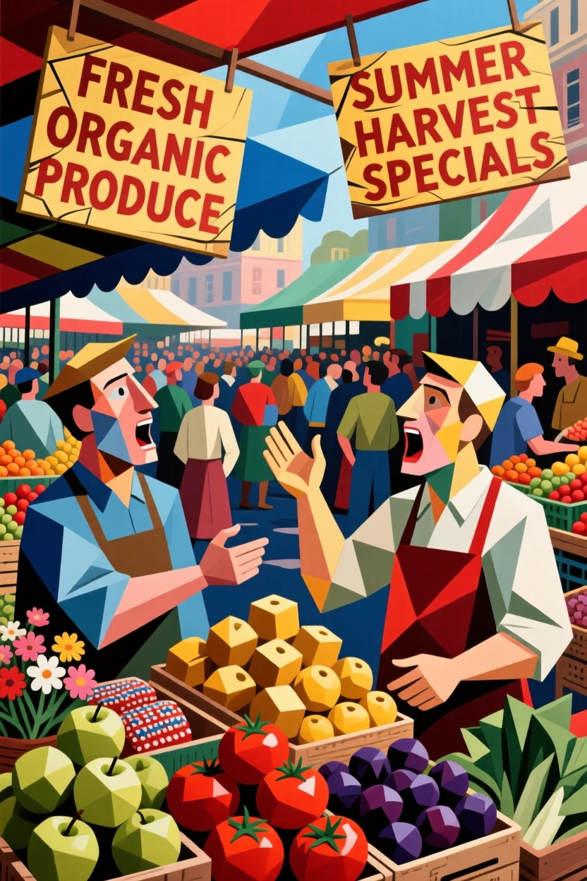 A vibrant scene of a busy open-air farmers market bustling with vendors calling out their wares.