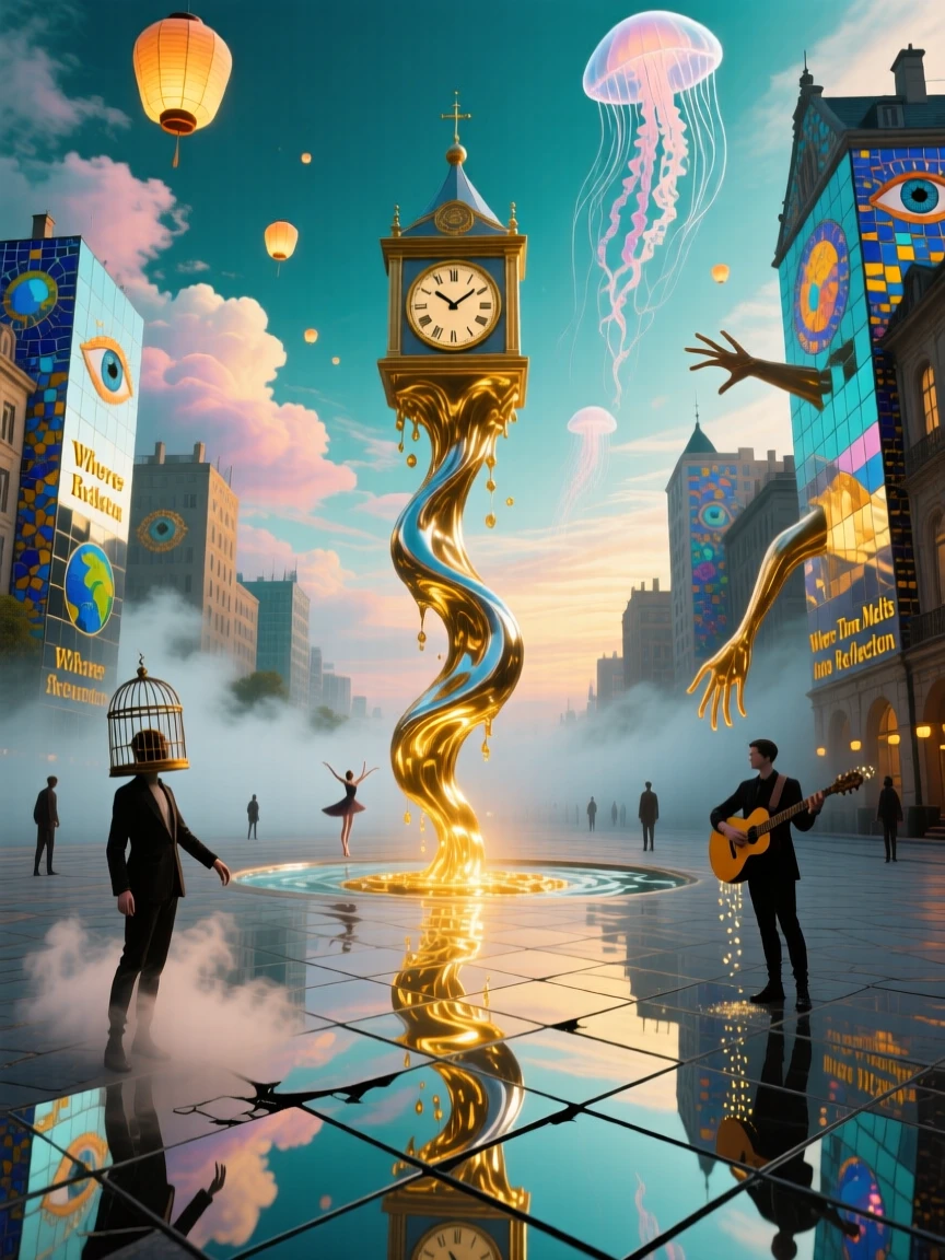 A town square paved with mirrors rises from a sea of drifting fog, while a soft golden light seeps from every crack.