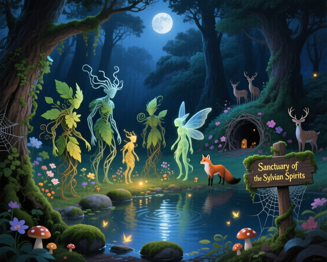A group of forest spirits made of leaves and vines gather around a moonlit pond, their forms blending seamlessly with the surrounding woods, the scale of the scene emphasized by tiny details that suggest an entire hidden world beyond the frame.