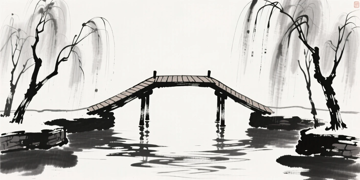 A wooden footbridge crosses a quiet canal lined with willow trees, with reflections rippling in the water below.