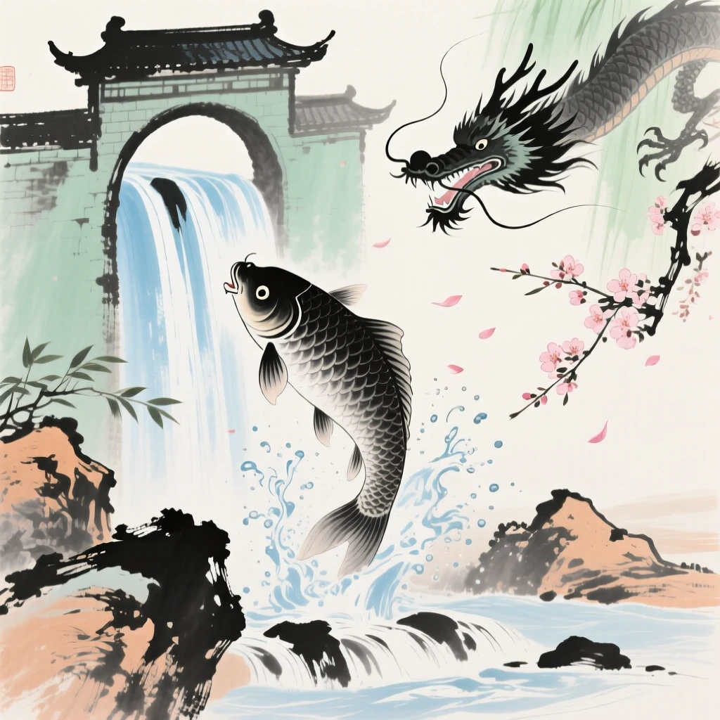 A legendary carp leaping through a waterfall gate to become a dragon, in a warm breeze carrying the scent of blossoms, in the height of summer.