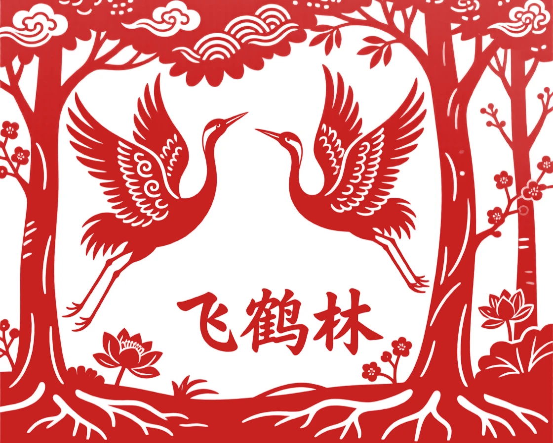 A forest where every tree is shaped like a crane in flight, feathers rustling like leaves in the wind