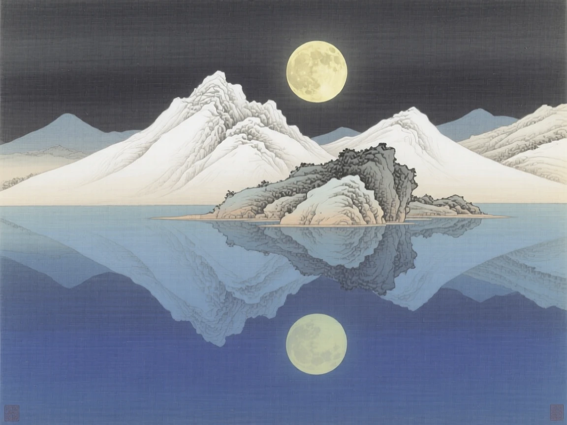 A full moon rising over a mountain silhouette, reflected perfectly in the still water below