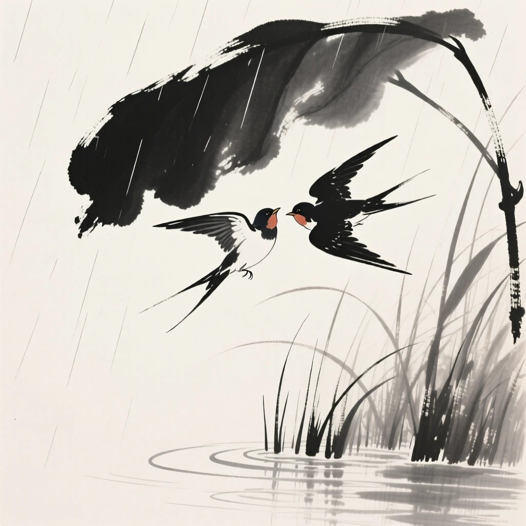 A pair of swallows sheltering beneath broad leaves during rain along the edge of a reed-lined marsh, captured mid-motion with wings outstretched, carrying a quiet, poetic stillness.