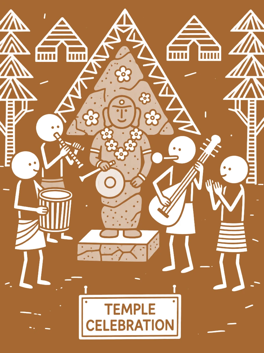 A group of temple musicians before a stone deity adorned with flowers.