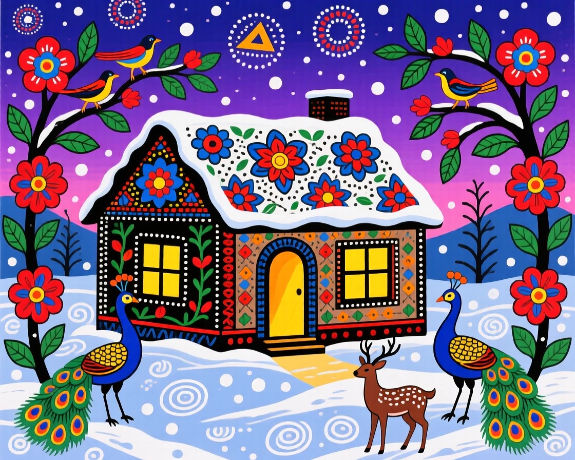 A snow-covered cottage glowing warmly against a winter twilight.